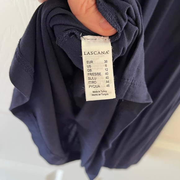 Navy LASCANA Women's Wrap Look Dress with Pink Waistband - Picture 7 of 7